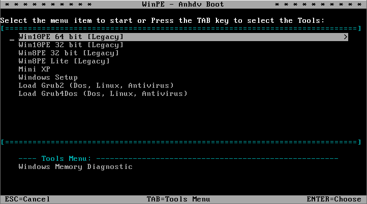 Khởi động vào WinPE Anhdv Boot ở Legacy