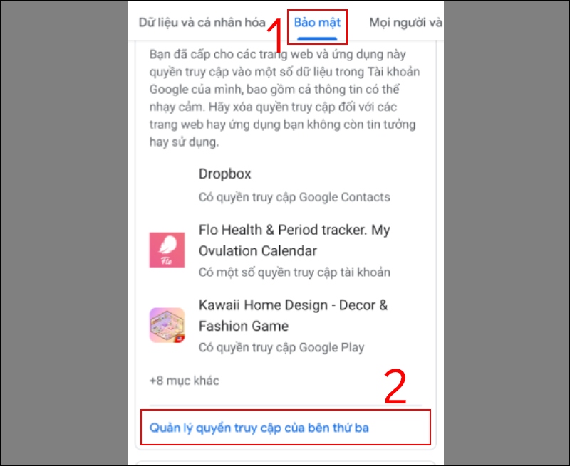Chọn vào Quản lý quyền truy cập của bên thứ ba trên Gmail điện thoại