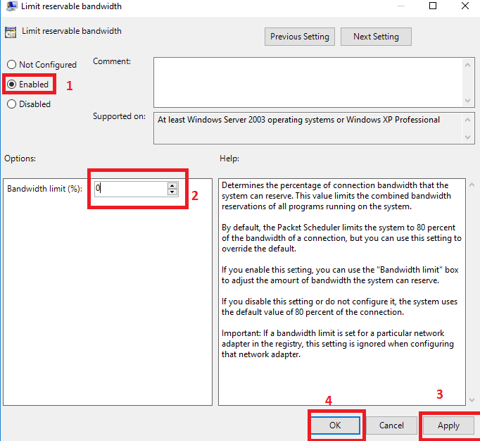 Kích hoạt Limit Reservable Bandwidth