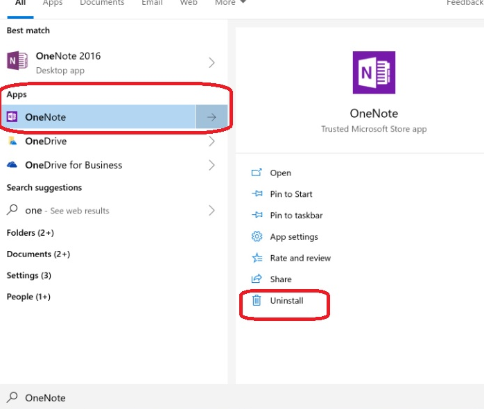 gỡ cài đặt onenote